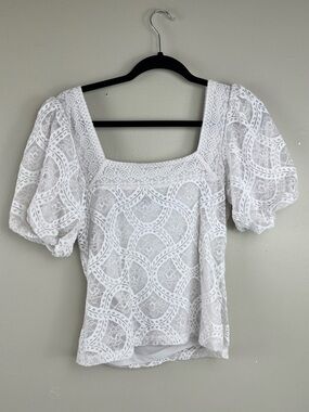 Ever New White Lace Puff Sleeve Blouse | Square Neck Romantic Top | Size S